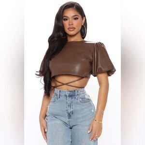 NEW KIRIOUS Chocolate Brown Faux Leather Crop Top CRISS CROSS BACK PUFF SLEEVE